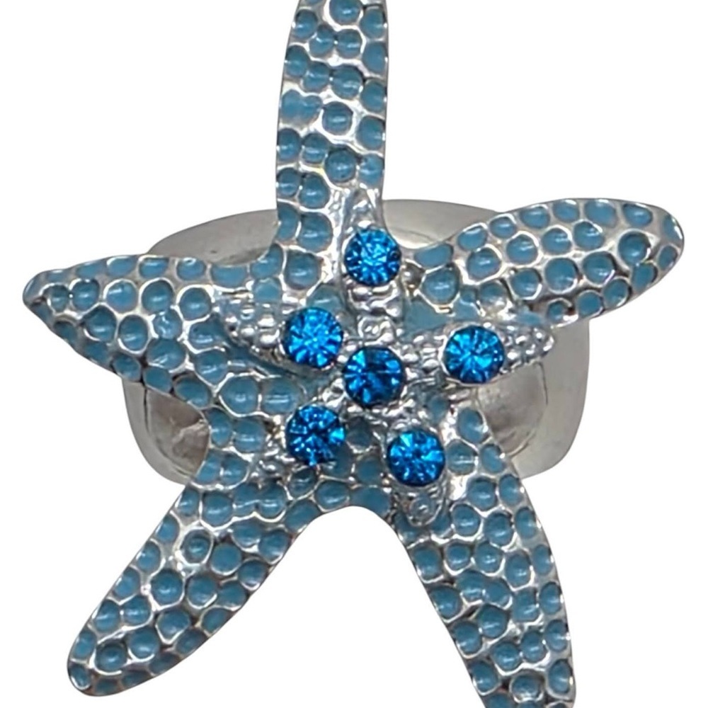Rare Blue Enamel Starfish Ring Sapphire Crystal Rhinestone Silver Coastal Luxe